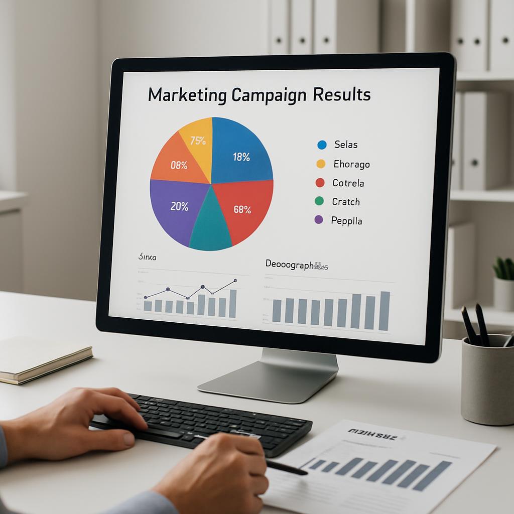 Digital Marketing Campaign Results Graphic on Computer Monitor in Workspace.