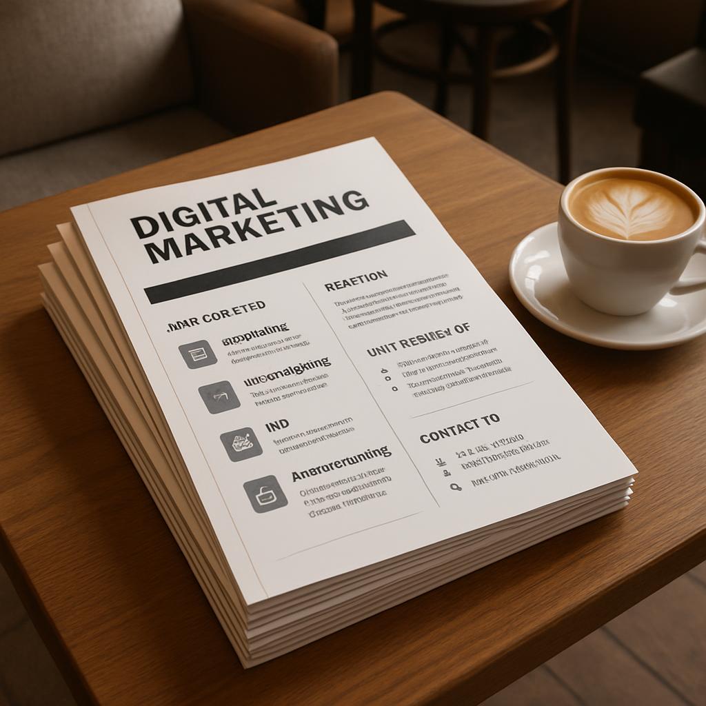 Digital marketing notes with coffee on a small table.
